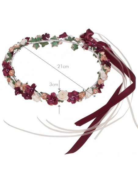 Eli crown of flowers for girls of communion and caps in ivory color, garnet and salmon