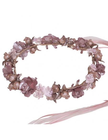 Crown of flowers for communion, roots and invited. abigail in pink tones