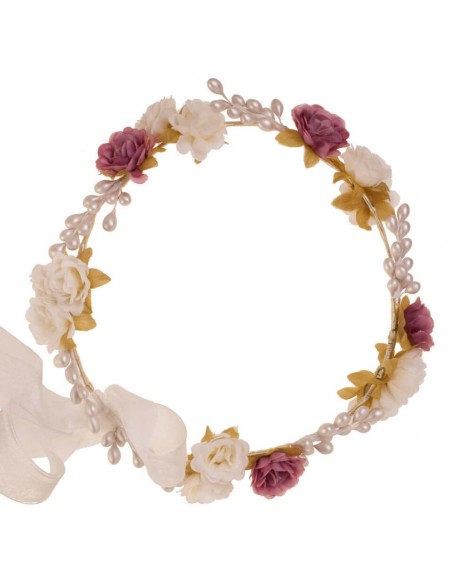 Crown of flowers and pistils for communion and roots. pink jacinta and ivory
