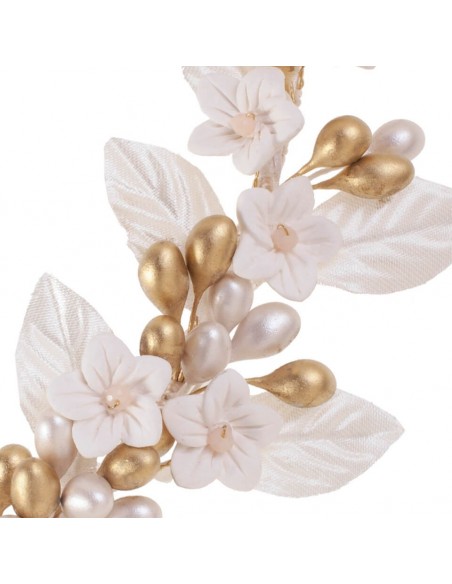 Chloe wedding headdress with golden pistils and ivory-colored leaves