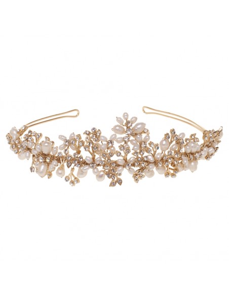 Tiara alexia for golden bride with crystal and natural pearl