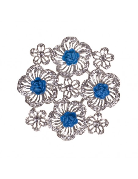 Pink brooch with blue porcelain flowers