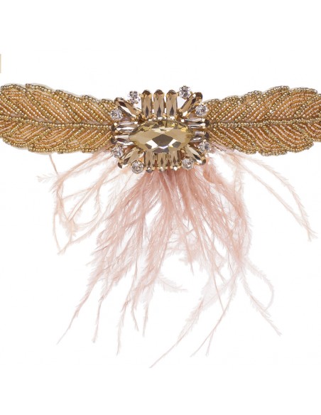 Cinturón fiesta oro con pluma rosa detalle