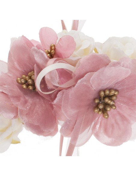 Tocado de flores para comunión Elaia en color marfil y rosa