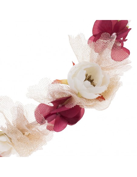 Corona de flores para niña de arras, comunión o invitada. Katerina Marfil/Burdeos. Detalle 2