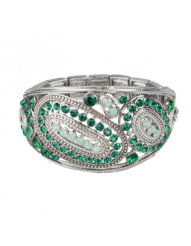 silver broad bracelet and green crystals