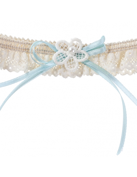 Liga de novia con lazo azul y flor marfil detalle