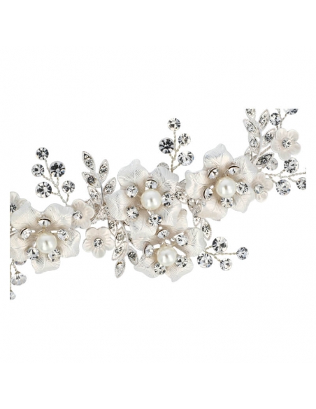 Tocado de novia cristal, perlas y hojas plateadas
