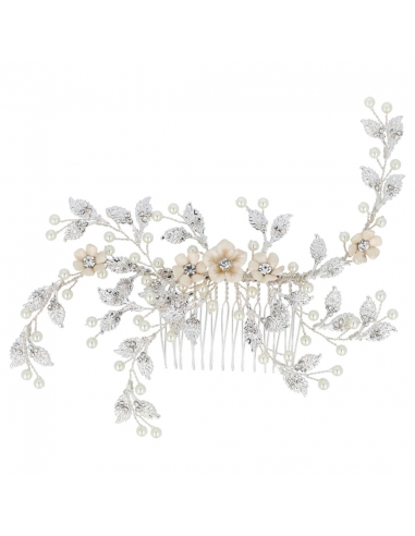 Peineta cristal y perla para novia con flores de porcelana