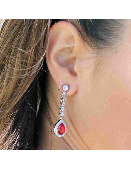 Long Earrings silver high jewellery with ruby crystal, very elegant