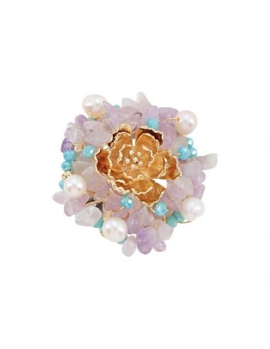 Broche flor metálico con perlas y pedrería